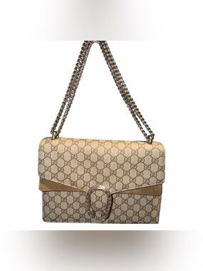 Gucci Beige Monogram Shoulder Bag with Gold-Tone Chain
